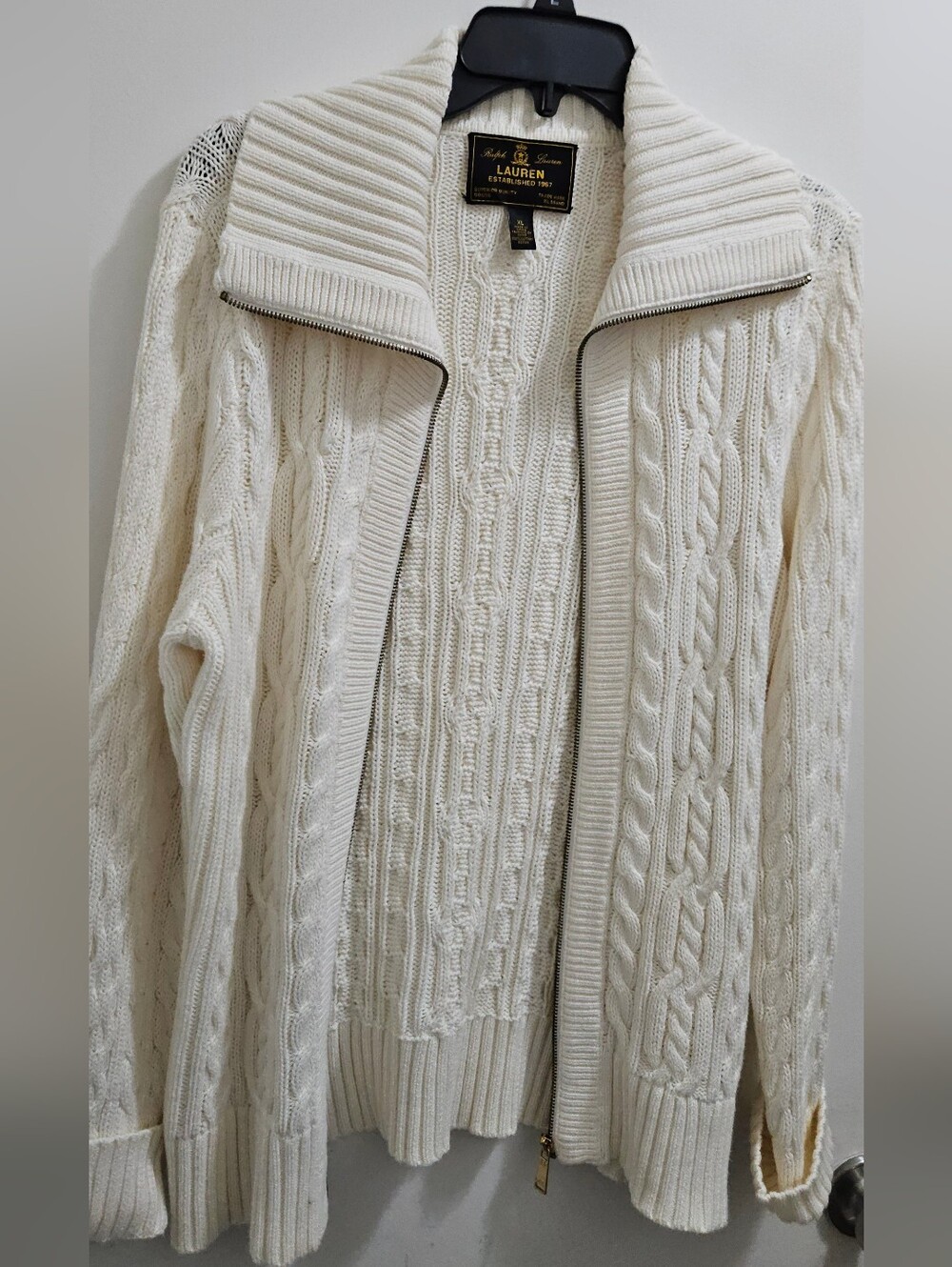 Lauren Ralph Lauren Ivory Cable Knit Full Zip Cotton Sweater Cardigan XL - Picture 8 of 9